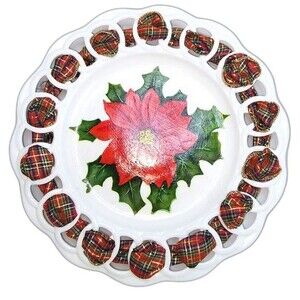 Original Hand Painted White Poinsettia Ribbon Laced Decorative Christmas Plate